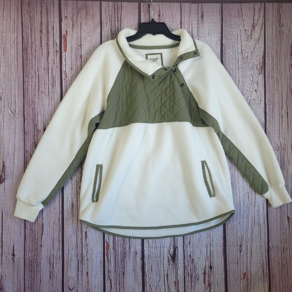 Abercrombie & Fitch Womens Large White/Green Fleece Pullover Snap Collar Pockets